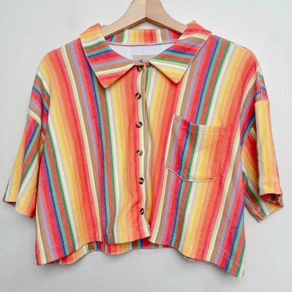 Chaser Womens Size Xsmall Rainbow Multistripe Cropped Terry Button Shirt - Picture 2 of 10